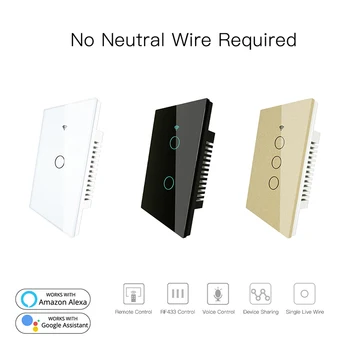 

RF433 Smart WiFi Wall Touch Switch No Neutral Wire Needed Single Live Wire Work with for Alexa Google Home 170-250V 1/2/3 Gang