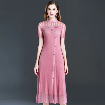 

Pink Dress New Korean Slim Fashion Large Size Women's Medium Length Pleated Dress Hollow Women's Dress