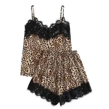 

Sexy Sleepwear Set Sling Sleepwear Lingerie Lace Leopard Print Underwear And Shorts Pajama Set bayan gecelikler пижама пижамы#12