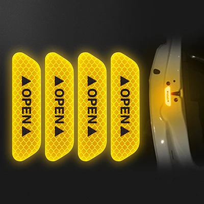 4PCS/Set Car Door Stickers Universal Tape Safety Warning Mark OPEN High Reflective Tape Auto Driving Safety Reflective Strips Orange