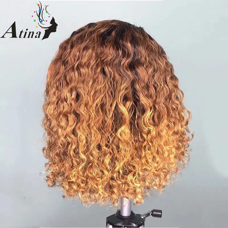 Цветной Омбре 1B 27 Короткие вьющиеся 13x6 синтетические волосы на кружеве парики боб парик для черных женщин предварительно сорвал бразильский Remy Atina