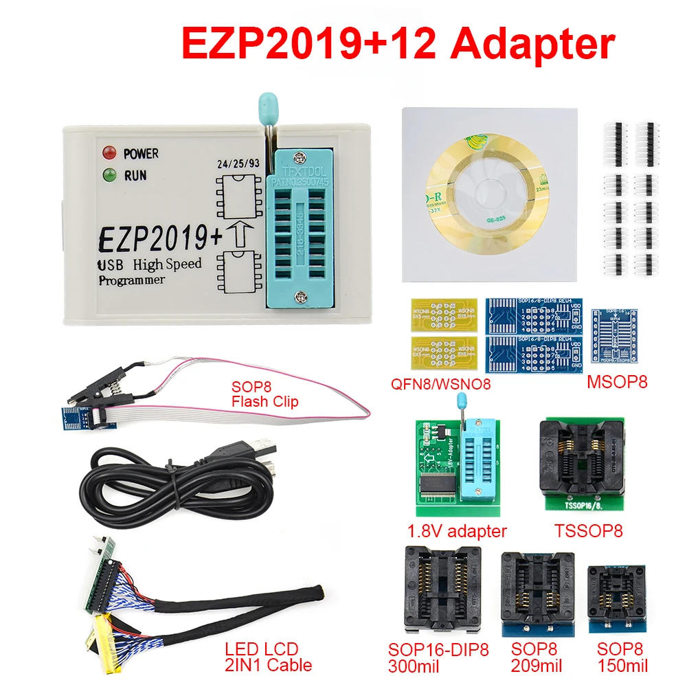 EZP2019+ высокоскоростной USB SPI программатор+ 12 адаптер SOP8 тестовый зажим sop8/16 1,8 V Адаптер Гнездо flash bois 24 25 EEPROM