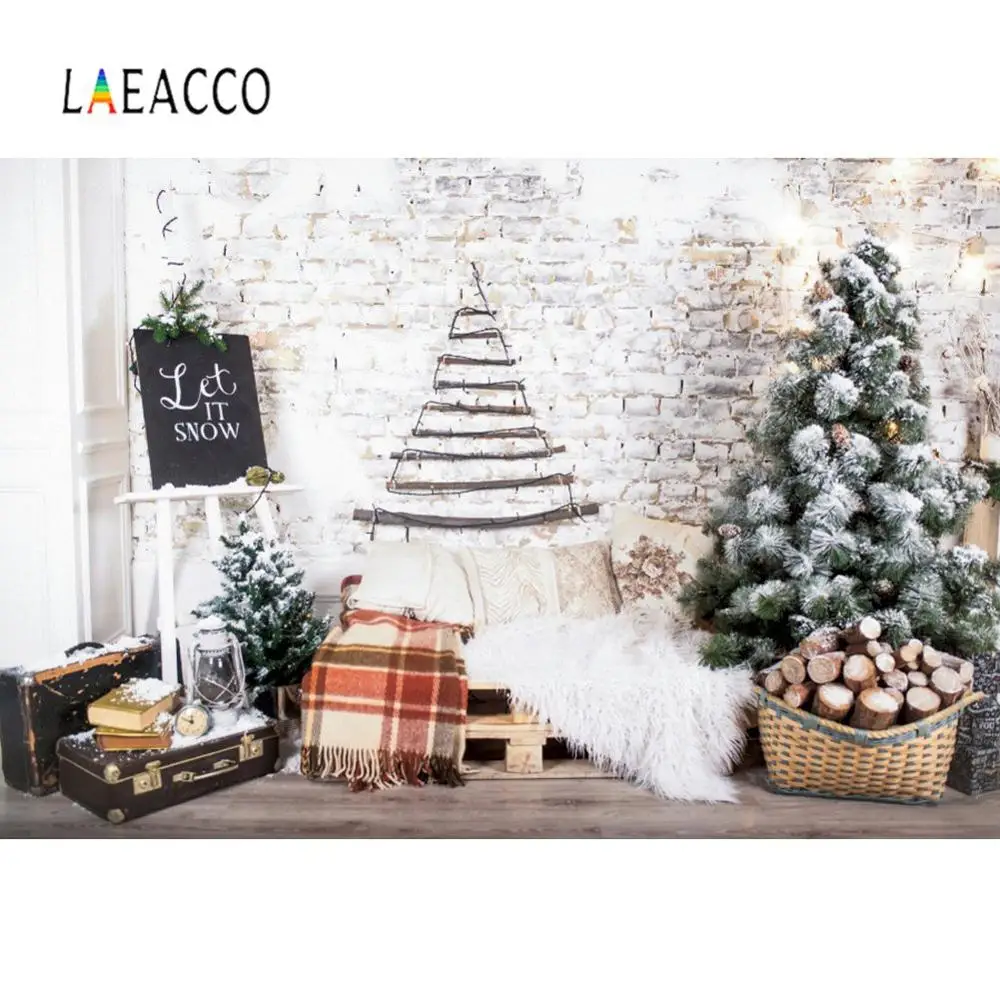 

Laeacco Old Gray Brick Wall Rural Merry Christmas Tree Carpet Suitcase Party Baby Interior Photo Background Photography Backdrop