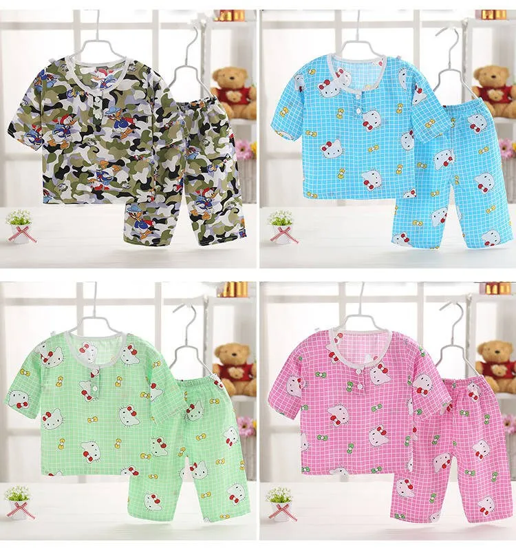 Летние Детские Bourette Pyjamas комплект нижнего белья для детей короткий рукав, из вельвета, для мальчика Детский жакет из денима для девочки; хлопковая Шелковая пижама из искусственного хлопка Кондиционер Hom