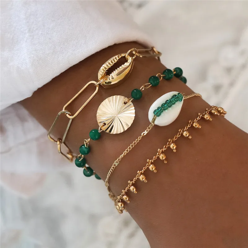 4PCs bracelets Sindlan, 5 шт., богемные, натуральные, в виде ракушки, стразы, бусины, браслеты для женщин, Золотая цепочка, жемчуг, Набор браслетов с подвесками, на запястье, ювелирное изделие - Окраска металла: 4PCs bracelets