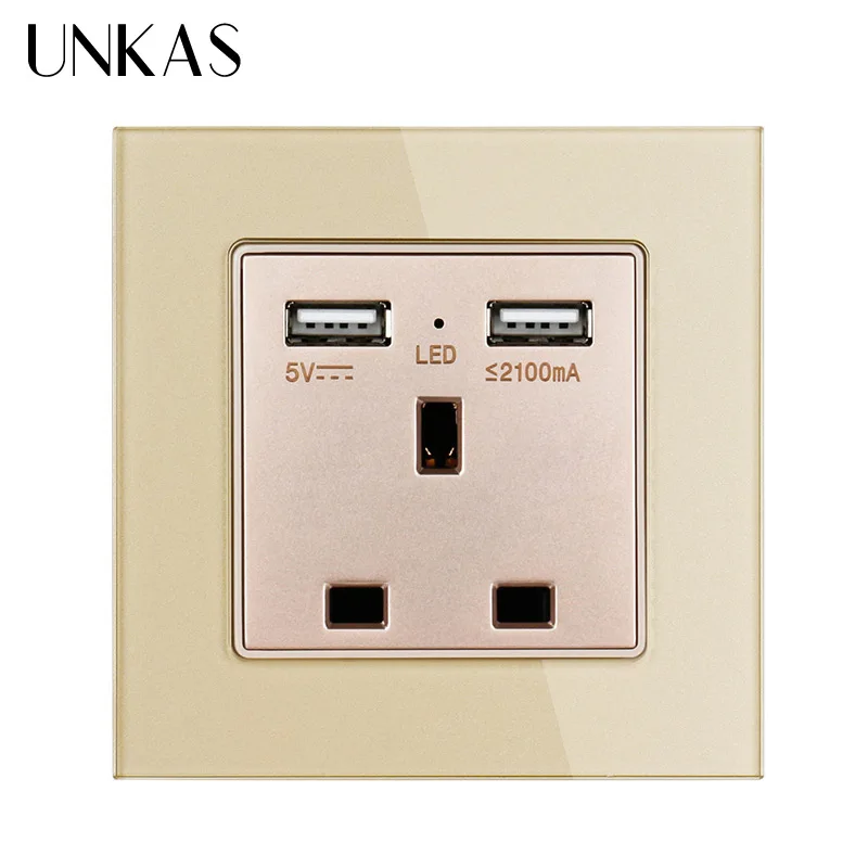 Gold UNKAS настенная розетка с кристаллами, стеклянная панель, двойной usb порт для зарядки, 2.1A настенное зарядное устройство, адаптер 13A розетка стандарта Великобритании 110~ 250 В - Тип: Gold