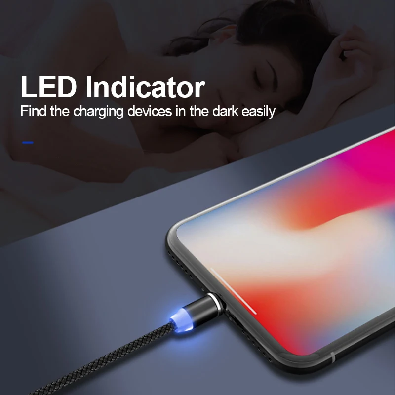 Магнитный светодиодный USB кабель PHOMAX 3 в 1 для iPhone X Xs 6 и Type C Micro нейлоновой оплетке