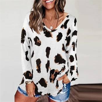 

CWFMZQ Autumn Long Sleeve Blusas T Shirt Sexy Leopard V-neck Pullovers Women Tops Casual Tshirts Plus Size Bottoming Top Mujer
