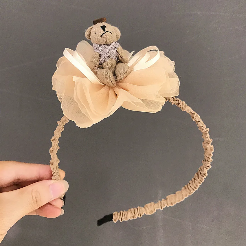 Корейская версия новой детской мультяшная повязка на голову, Кружевная повязка на голову с цветами и медведем для девочек, кукольные аксессуары для волос, подарки для девочек