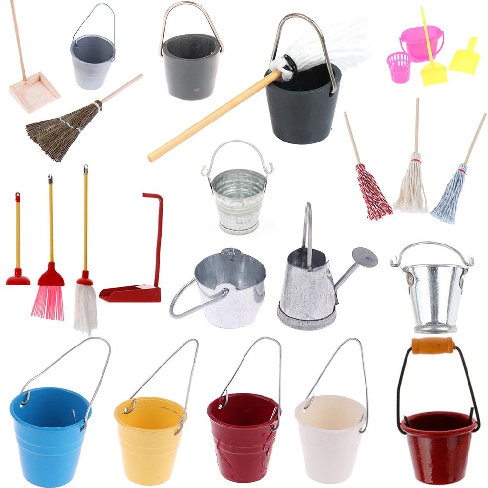 

Mini Buckets Mop Cleaner Cleaning Decoration Miniature Furniture Toys 1:12 Doll Kitchen Living Room Accessories for Dollhouse