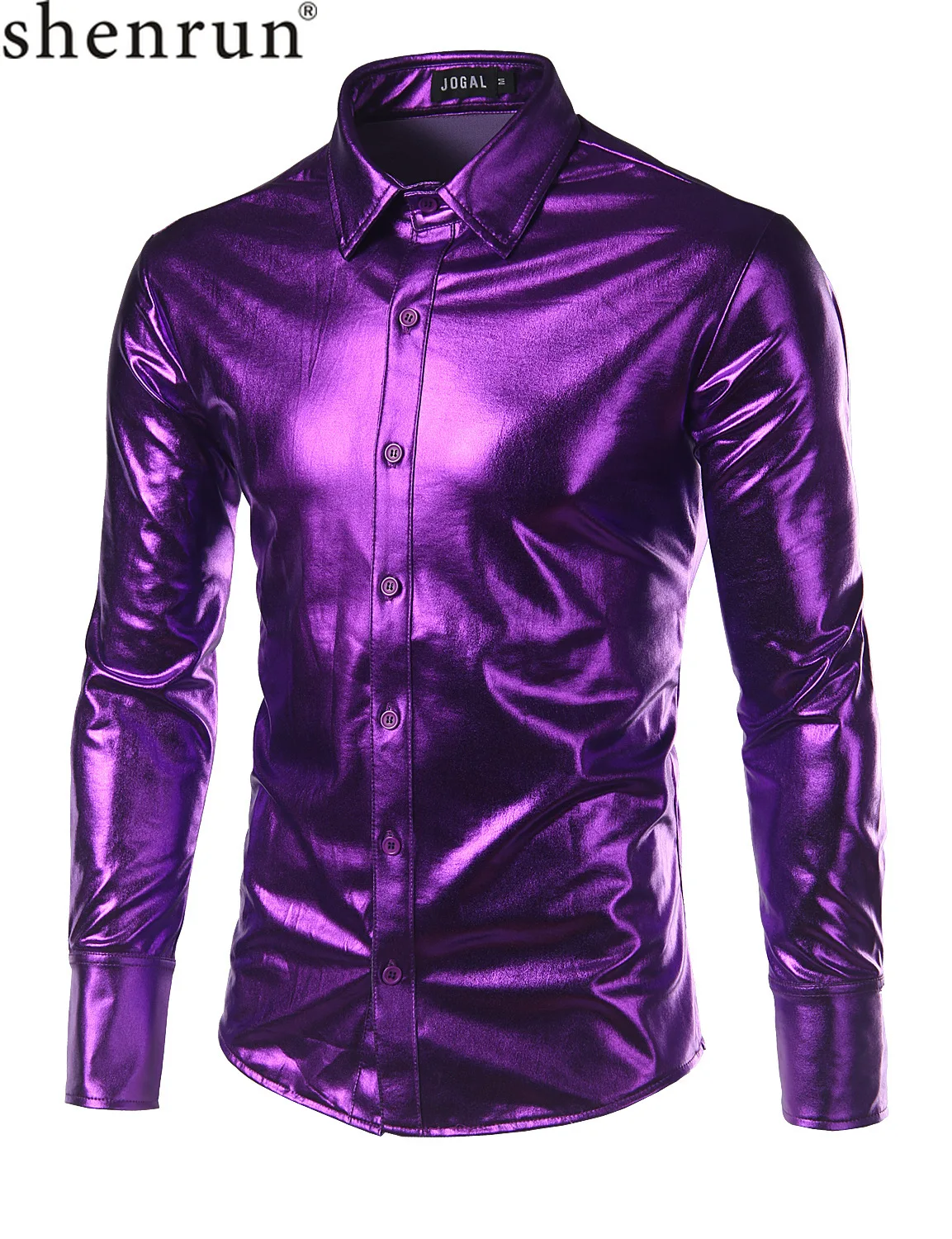 ShenRun мужские рубашки для ночного клуба с металлическим покрытием фиолетового цвета, блестящие рубашки для выступлений, Мужская модная рубашка с длинными рукавами