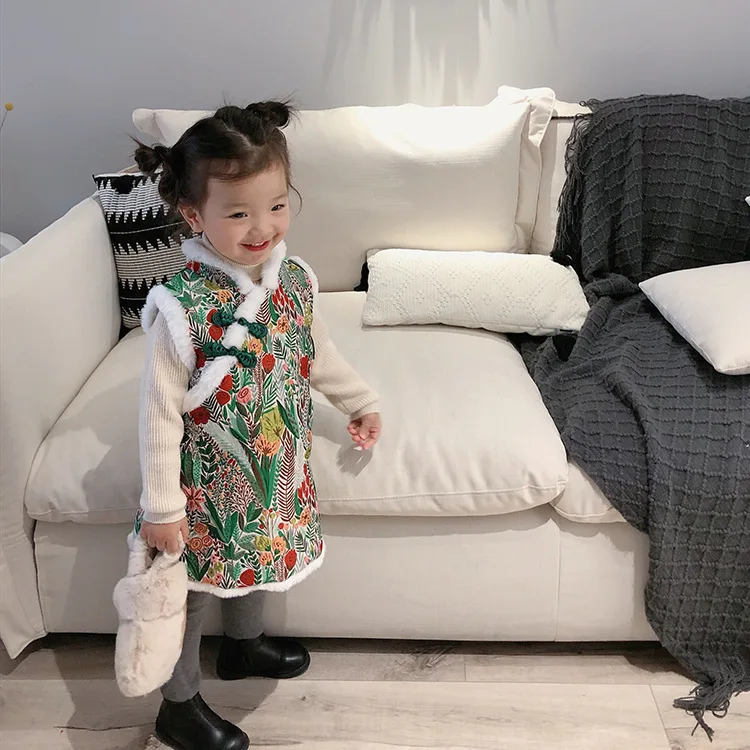Китайский стиль стиль Мода Цветочный теплый cheongsam Зима мягкий флис утолщаются стеганые ручная Пряжка Платье