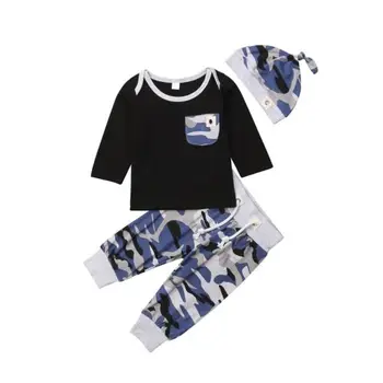 

0-24M Baby New Year 3Pcs Clothes Set Baby Boys Blue Camo Shirt Tops Pants Hat Outfits Set Clothes