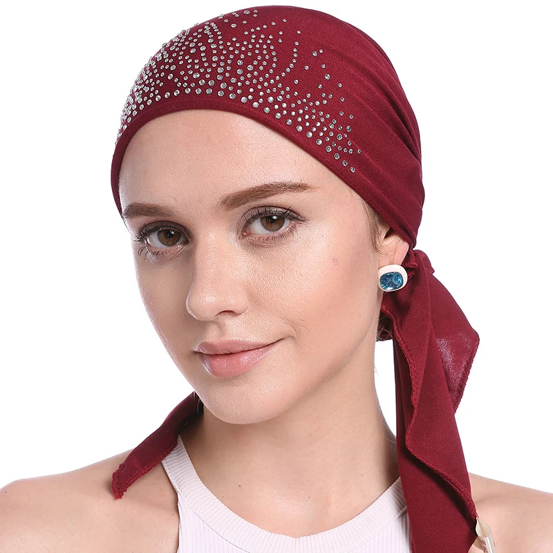 Women's Solid Color Muslim Hijab Stretch Headscarf Islamic Caps Turban  Rhinestone Headscarf Elastic Cotton Scarf Headwear best scarves for men Scarves