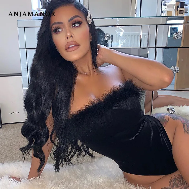 ANJAMANOR Fluffy Feathers Black Strapless Sexy Bodysuit Women Night Club Romper Going Out Tube Top Spring 2020 D15-I08 ANJAMANOR Fluffy Feathers Black Strapless Sexy Bodysuit Women Night Club Romper Going Out Tube Top Spring 2020 D15-I08
