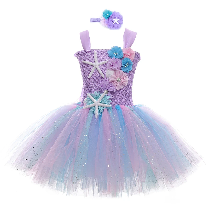 Girls Dress Mermaid Tutu Princess Birthday Party Dresses Starfish Halloween Cosplay Kids Mermaid Costume 1-12Y
