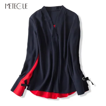 

Elegant Patchwork Women Blouses Casual V Neck Long Sleeve Cuff with Bow Tie Woman Blouse Autumn 2019