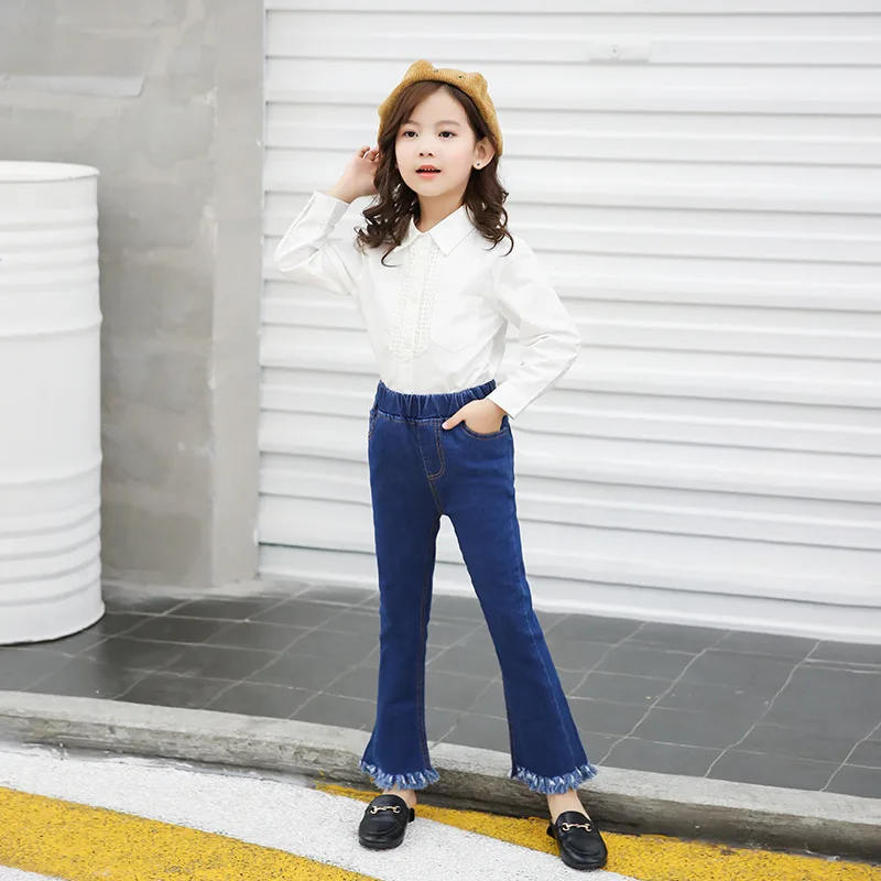 

2019 Childrenswear South Korea Celebrity Style Spring New Style Girls Slit Elasticity Jeans Baby Bell-bottom Pants Fashion