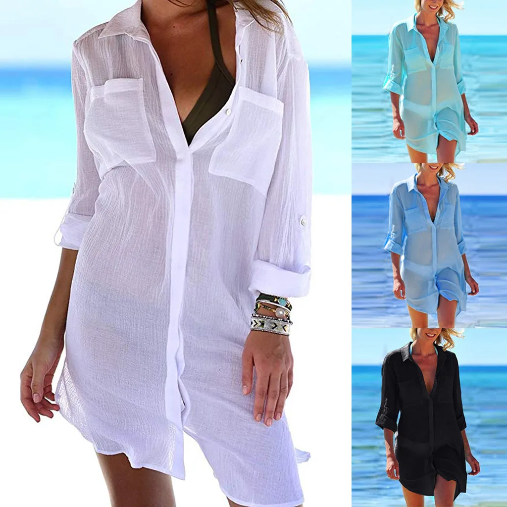 Women Beach Cover Up Button Down Pocket Shirts Sunscreen Bikini Swimsuit Blouse майка женская women haut femme#4