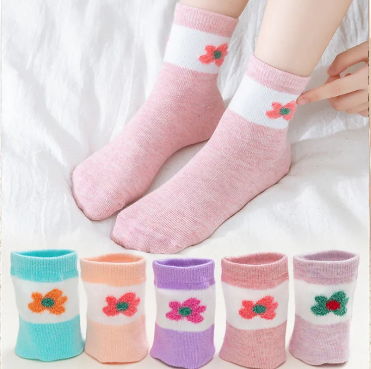 pink Flower 5 пар детских носков, хлопковые носки на осень и зиму, носки без пятки, Носки с рисунком медведя для мальчиков и девочек, детские носки для школьников, ins tid - Цвет: pink Flower