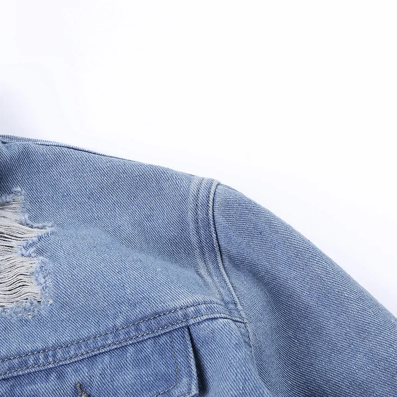 Открытая спина панк уличная потертая укороченная джинсовая куртка Женская Лоскутная Свободная джинсовая куртка рваные с длинным рукавом Бомбер куртка пальто