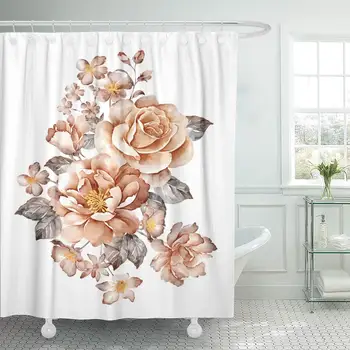 

Shower Curtain Painterly Flower Watercolor Bouquet in Simple White Floral Bloom Shower Curtains Sets with 12 Hooks 72 x 78