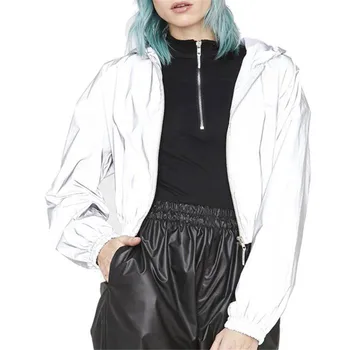 

2019 Autumn Women's Reflective Long Sleeve Hooded Zip-Up Youth Crop Tops Night Running Windbreak Short Coat Jacket