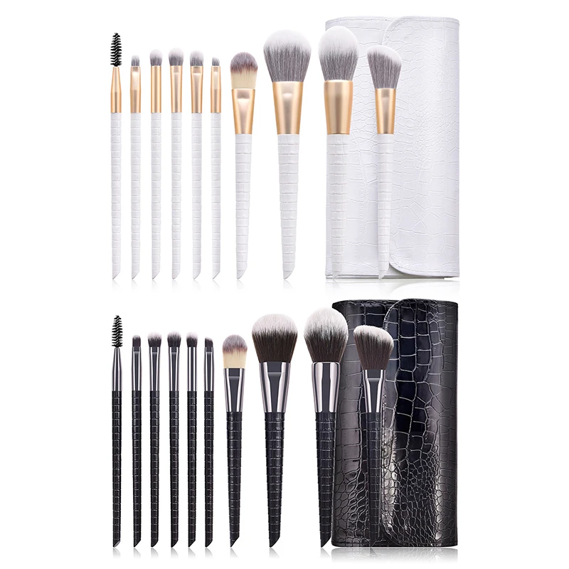 

New 10Pcs black white makeup brush set crocodile scale brush bag eyeliner contour Sculpting eyebrow eyelash brushes Pinceau