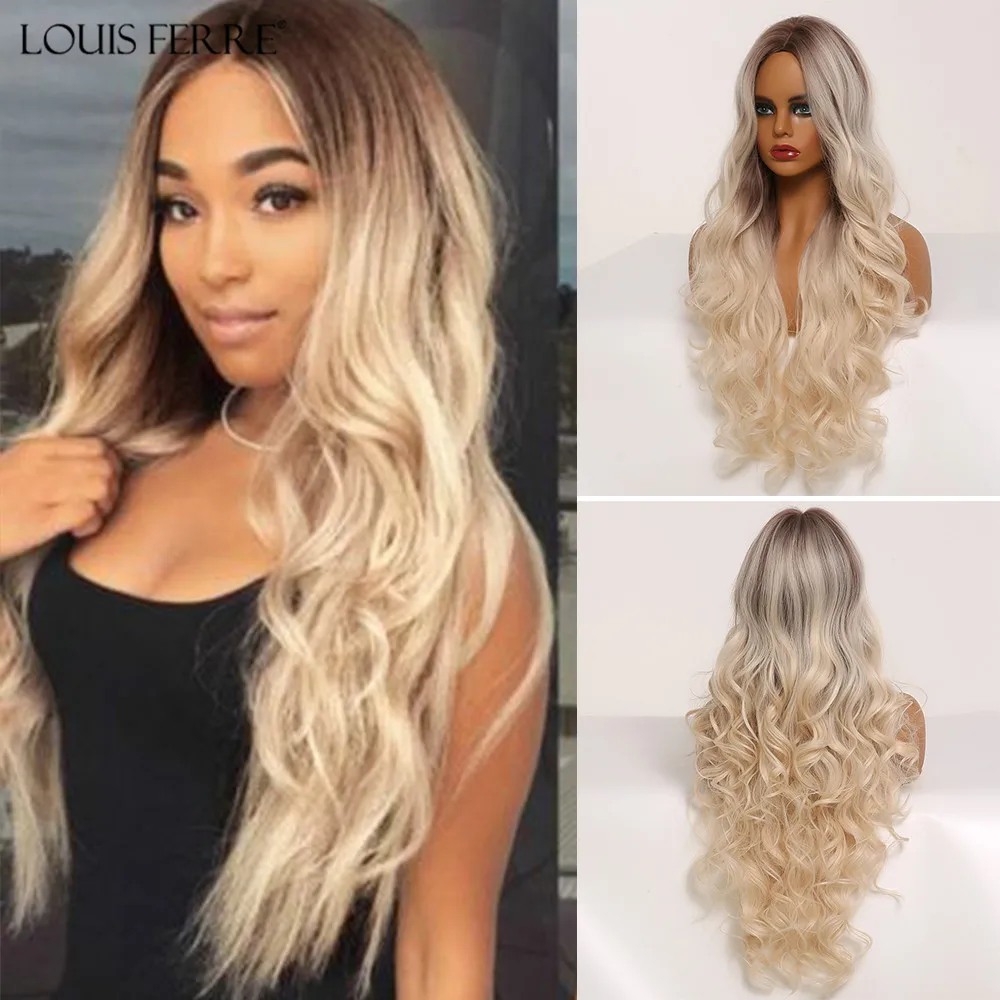 

LOUIS FERRE Middle Part Ombre Brown Light Blonde Synthetic Wigs Long Water Wave Cosplay Wig for Black Women High Temperature