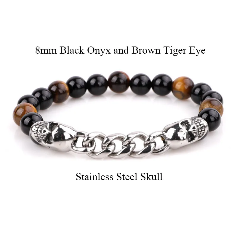 New Design High Quality Natural Stone Stainless Steel Skull Beaded Elastic Bracelet Set