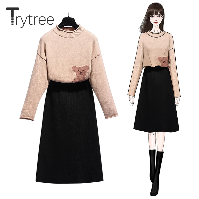 Trytree/Коллекция года, осенне-зимний комплект из двух предметов, повседневный Вязаный топ с круглым вырезом и рисунком медведя+ юбка, Модный комплект до колен, комплект из 2 предметов