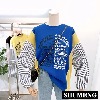 

Korean Spring and Autumn New Women Stitching Striped Printed Letter Loose Long-Sleeved Sweater casual hoodie students sweatshirt