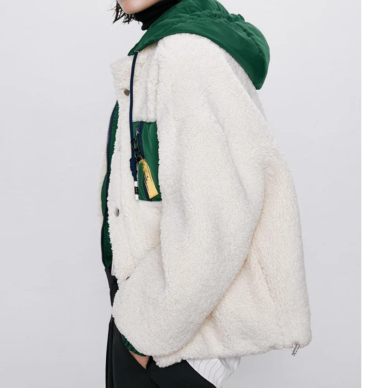 

Lambskin Fleece Stitching Jacket Jacket Zipper Hoodie Thick Warm Boyfriend Fashion Street Hooded Polar Fleece Casual Coat