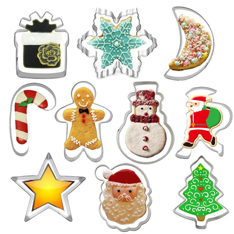 

10Pcs Christmas Biscuit Mold Moon Star Cookie Cutters Santa Claus Snowflake Cake Baking Birthday Party Home Kitchen Decorations