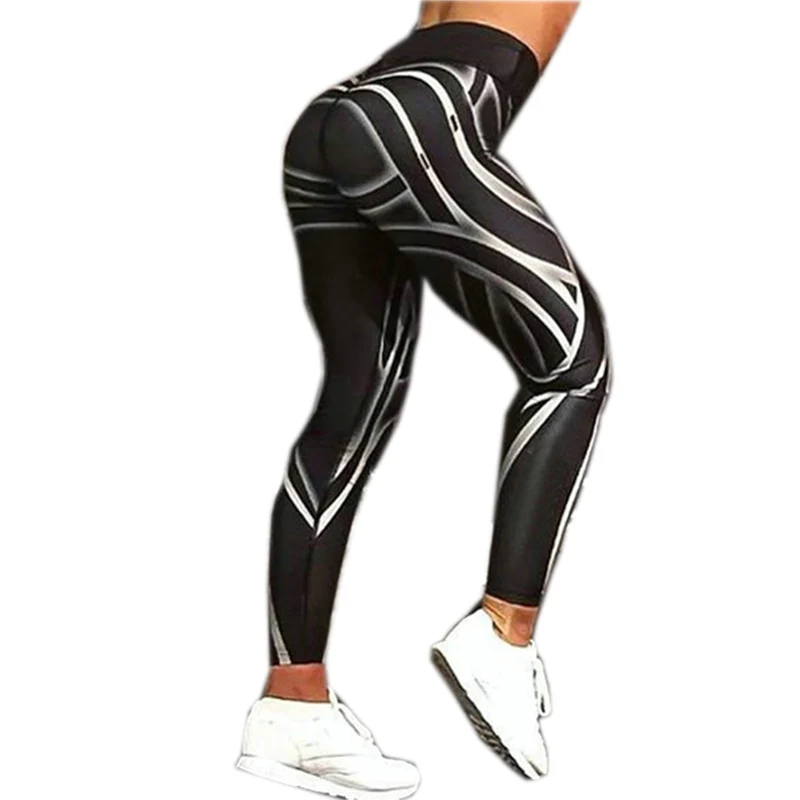 Women Individuality White Stripe Digital Printing Yoga Pants Ladies Workout Skinny Leggings Sexy Push Up Hip High Waist Tights