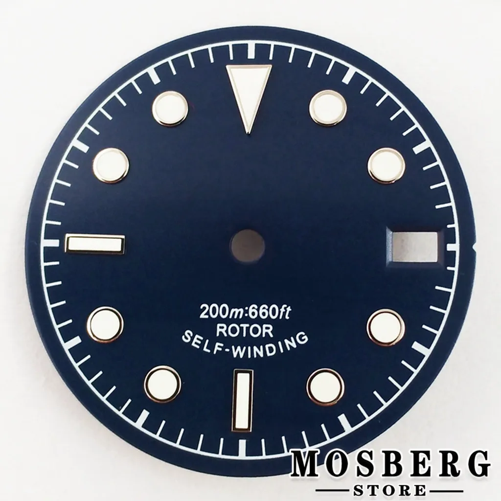Sterile Luminous Black and Green Watch Dial with Date Window and Hands - 28.5mm