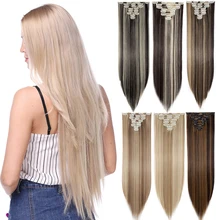 S-noilite 8 pçs/set longo grampo em linha reta em extensões de cabelo real sintético preto marrom vermelho rosa roxo hairpieces para mulher