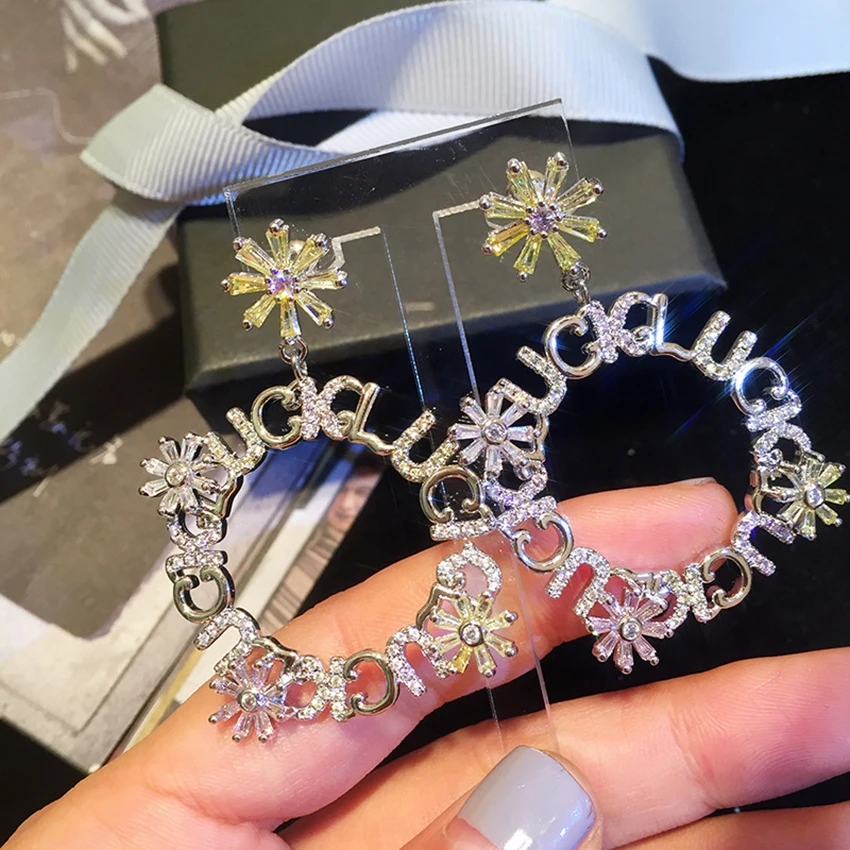 Letters Lucky Statement Earings Silver Color Square Geometric Dangle Drop Earrings for Women Crystal Luxury Wedding Earring
