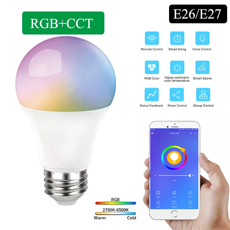 

E26/E27 Smart Bulb RGB+CCT 9W Voice Control LED Lamp Smart Home Timing Light Compatible With Google Home Alexa eWeLink App