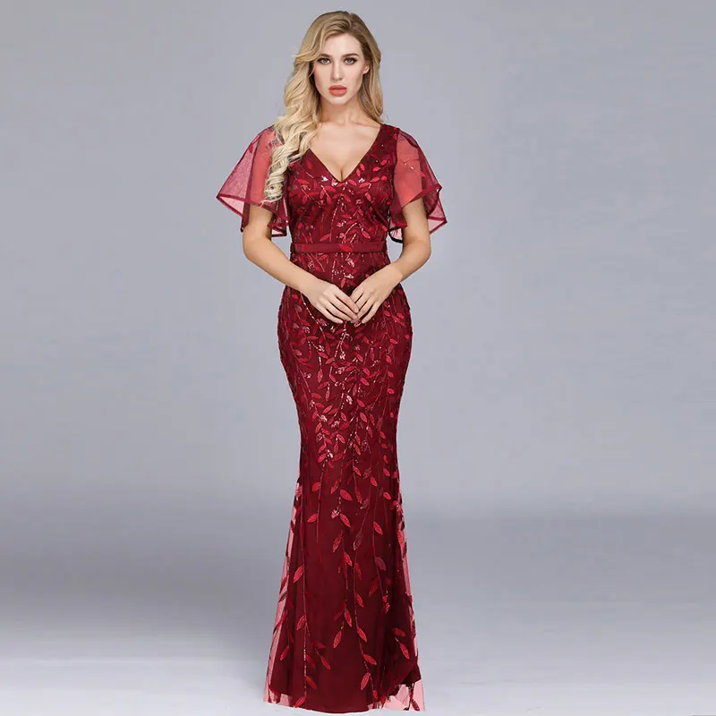 Burgundy Beauty-Emily/Вечерние платья с v-образным вырезом и рюшами, длинные тюлевые платья с блестками и аппликацией в виде листьев, вечерние платья в стиле русалки, вечерние платья, robe de soiree - Цвет: Burgundy