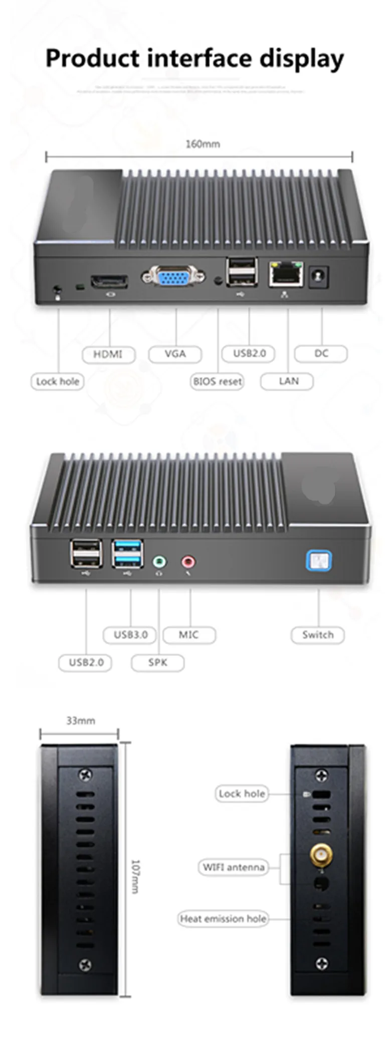 Безвентиляторный мини-ПК, сервер Dual RJ45 LAN Vesa Mount Host PC 12V мини-компьютер для бизнеса