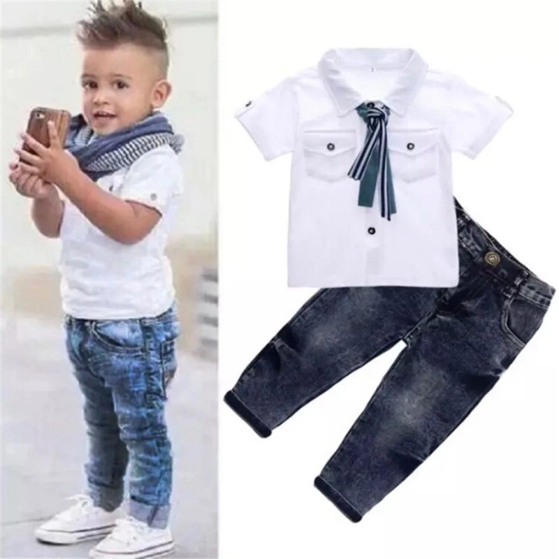 19 Bambin Enfants Bebe Garcon A Manches Courtes En Coton Blanc T Shirts Hauts Jeans Pantalons Tenues 2 Pieces Coton Tenue Ensemble Enfants Garcon Vetements Aliexpress