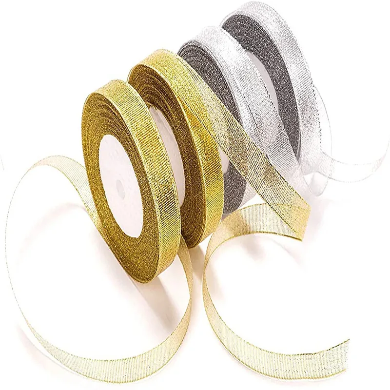 Organza Ribbon 25yards Gold/Silver Organza Ribbon tapes DIY Handicraft accessories For bow making Wedding Supplies Cake Gifts Decoration 6-50mm