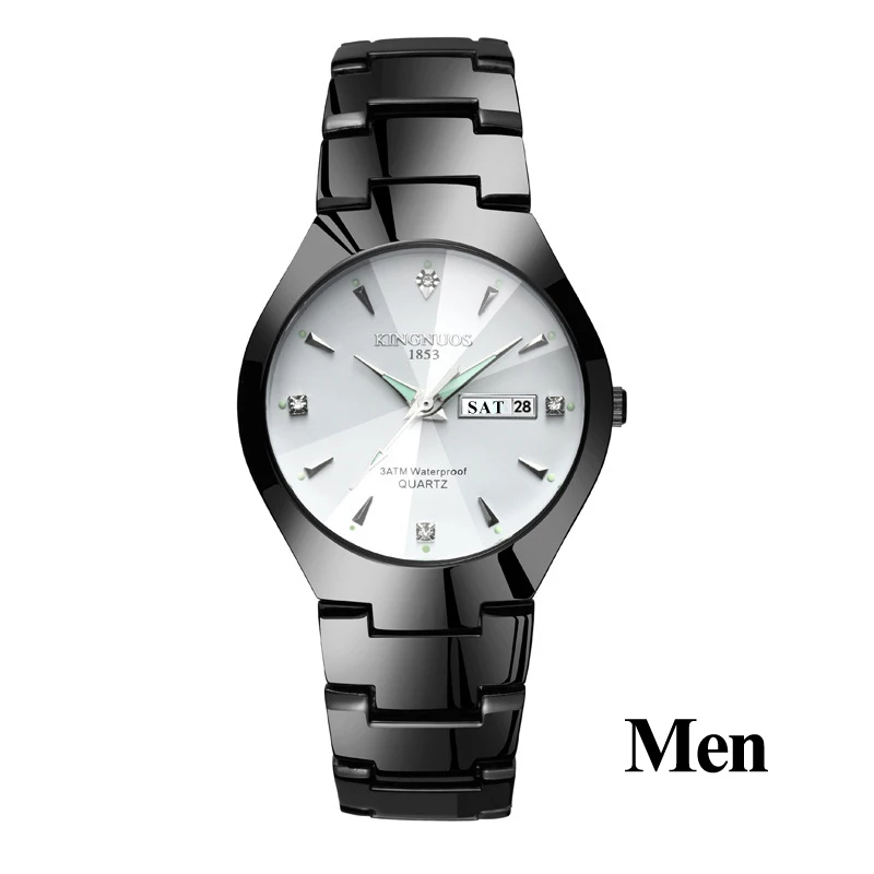 Men Black White Часы для влюбленных Роскошные Кварцевые наручные часы для мужчин и женщин Hodinky Dual Calender Week steel Saat Reloj Mujer Hombre парные часы - Цвет: Men Black White
