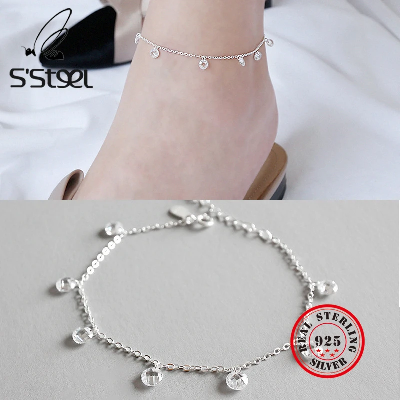 S'STEEL 925 Sterling Silver Anklets Ankle Bracelets For Women Minimalist Cross Chain Round Zircon Collares Mujer Fine Jewelry S'STEEL 925 Sterling Silver Anklets Ankle Bracelets For Women Minimalist Cross Chain Round Zircon Collares Mujer Fine Jewelry