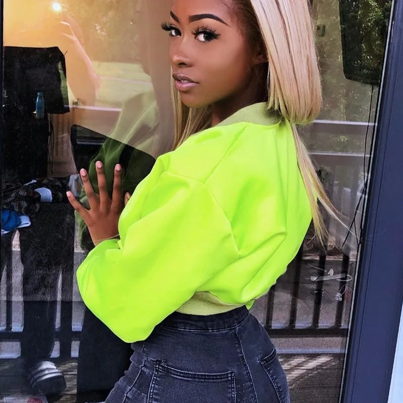 buy  New 2019 Autumn Winter Women Neon Jacket Long Sleeve Coats Crop Top Clothes Streetwear Casual Festi