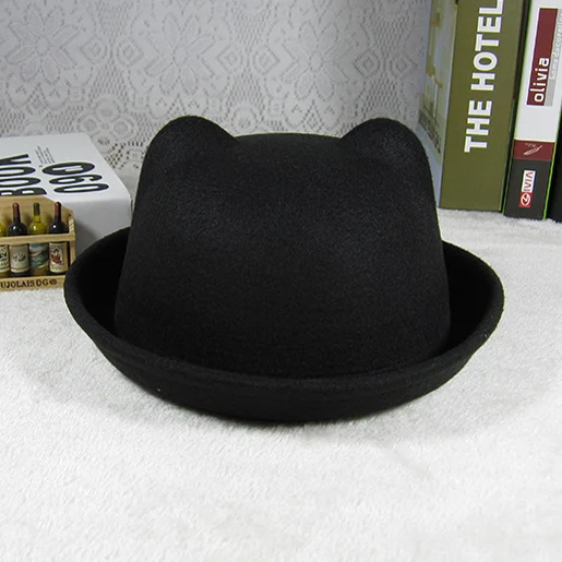 Fashion Winter Kids Hat Wool Bowler Hats Children Girls Hat Adjustable Kids Cap Autumn Spring 4-8 Years - Цвет: Black ears