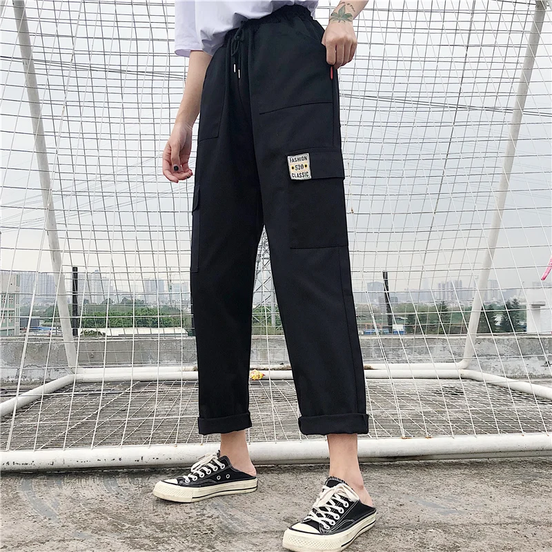 Черный Брюки карго женские осенние Свободные Корейская версия шоу тонкие брюки с высокой талией спортивные модные повседневные брюки женские - Цвет: Черный