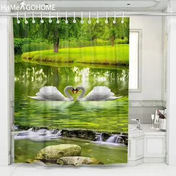 

Waterproof Shower Curtains Green Forest Couple Swan 3D Shower Curtain Bathroom Waterproof Polyester 3d Curtains For Bathroom