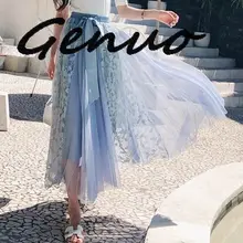 Genuo новые элегантные кружевные длинные юбки из тюлевой ткани женские Высокая талия плиссированная макси юбка женская с бантом школьная юбка черный синий